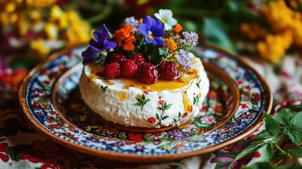 Wall Mural - Traditional Pashka cottage cheese dessert decorated with fresh berries, honey drizzle, and edible flowers, set on a floral tablecloth