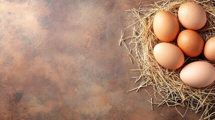 Canvas Print - A flat lay of fresh farm eggs in a nest with scattered straw, creating space for a text overlay.