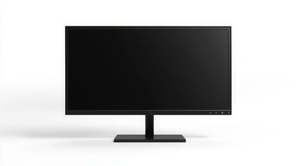 black modern thin frame display computer monitor, black screen, flat white background, 16:9