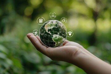 Poster - Concept of Sustainable development goals (SDGs).Hands holding Global communication network icon on green background. Green technology and environmental technology. Environmental Social Goal.