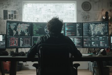 Aufkleber - The software developer, man, or programmer works on a computer screen with the cybersecurity hologram, analytics, and search engine optimization or even at night. There are also hackers who work on