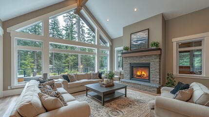 Wall Mural - Modern farmhouse living room with fireplace, large windows, and forest view