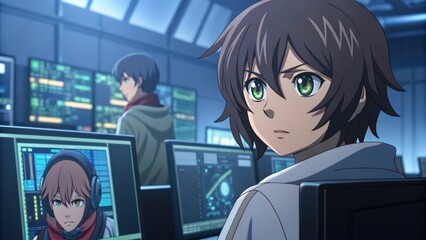 Young programmer intensely focused on his computer screen in a high-tech control room. His colleagues work diligently in the background.