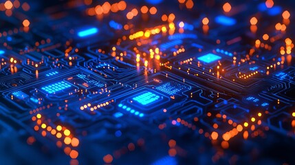Leinwandbilder - Electrified fiber optic connections, quantum computing network system, and electronic global intelligence at the forefront of a dark, abstract tech background