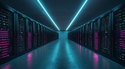 Leinwandbilder - Server racks in modern data centers working in dark facilities. Concept of Internet of Things, Big Data Protection, Storage, Cryptocurrency Farm, Cloud Computing. 3D render of crypto mining.
