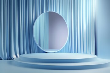 Poster - A 3D podium with a fabric curtain and spotlight on a luxurious blue background