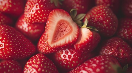 Wall Mural - Juicy halved strawberry among others, close-up, food photography, recipe background