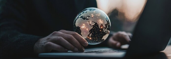 Fototapete - Laptop and mobile device of a businessman connected to quantum computing applications, quantum communication systems, quantum encryption technology, and quantum data analytics over a global network.