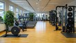 © AGUNG - Modern gym interior with treadmills, weights, and plants.  Empty workout space