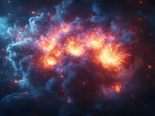 surreal floral fireworks bursting in the night sky with vibrant hues and dazzling patterns
