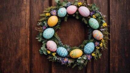 A vibrant Easter wreath adorned with colorful eggs and flowers, hanging elegantly against a wooden background.