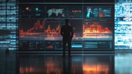 Wall Mural - Businessman standing in a dark modern office, analyzing global market data and financial charts on a futuristic interactive screen reflecting innovation and strategic decision making