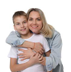 Canvas Print - Mother and son hugging on white background