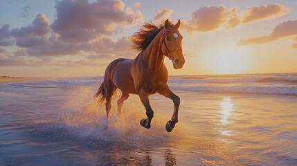 Wall Mural - Horse galloping beach sunset ocean waves freedom (2)