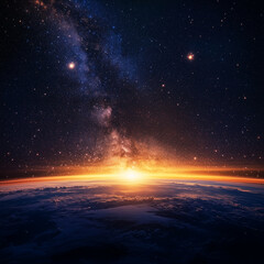 Galactic Dawn: The Milky Way Meets Earth’s Sunrise, sunrise over the planet