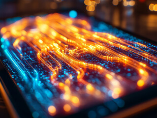 Wall Mural - Close up of digital tablet displaying vibrant circuit patterns