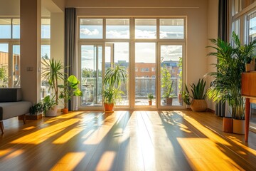 Wall Mural - Sunny apartment living room with plants and balcony view, ideal for interior design