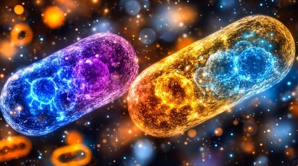 two stylized microorganisms one blue and one orange sit against a dark background.
