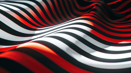 Wall Mural - Wavy fabric with red, black, and white stripes creating dynamic pattern. smooth texture and vibrant colors evoke sense of movement and energy