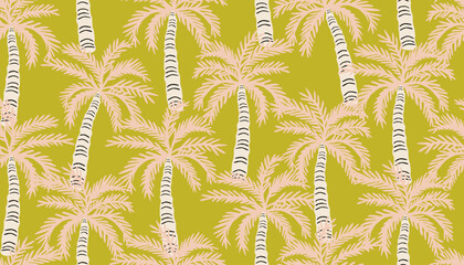 Wall Mural - Tropical seamless pattern with hand drawn palm trees. Hawaiian summer background for fabric, textiles, clothing, poster, cover, decoration, banner, wallpaper, interior decor. Vector illustration.