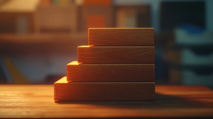 Wall Mural - Wooden Blocks Stacked in Gradient Light on a Wooden Table Surface