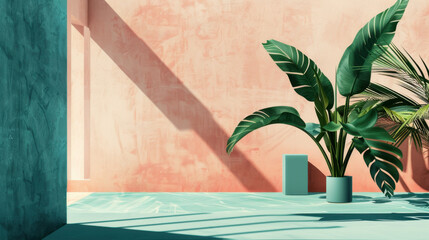 Wall Mural - modern interior scene featuring tropical plants, pastel walls, and geometric shapes, creating serene atmosphere. interplay of light and shadow enhances aesthetic appeal