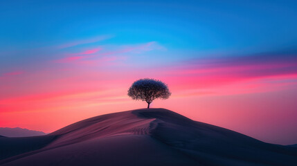 Wall Mural - solitary tree stands on sand dune under vibrant sunset sky, showcasing shades of pink and blue. serene landscape evokes sense of tranquility and beauty