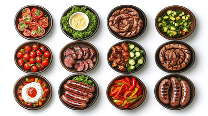 Wall Mural - Top down view of a barbecue set of plates of grilled meat, sausages, vegetables and dips isolated on a white background.