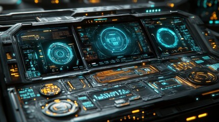 Futuristic spaceship console displays data, in dark hangar