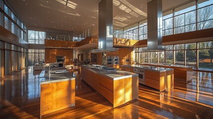 Poster - Modern kitchen, spacious, natural light, overlooking forest