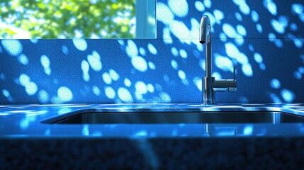 Poster - Modern kitchen sink with sunlight through window, blue countertop