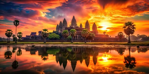 Wall Mural - Angkor Wat Sunrise: Double Exposure Masterpiece - Mystical Cambodian Temple