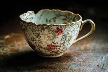 Delicate cracked antique porcelain teacup with intricate floral design rustic setting still life photography soft natural light vintage charm and timeless beauty