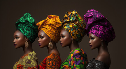 beautiful African women wearing traditional fashion, in different styles of African and dresses, standing together