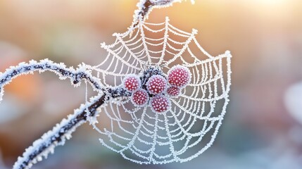 A frost covered spiderweb cradles berries, all glistening in morning light.