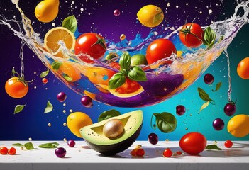 Wall Mural - vibrant visual display floating ingredients set colorful backgrounds captivating aesthetic appeal, bold, food, design, fruit, vegetable, herb, spice, tone