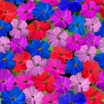 Fototapete -  - Seamless pattern of abstract pink, red and blue flowers. Original hand drawn, impressionism style, art painting, creative hand painted background