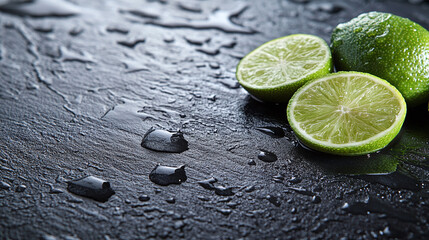 Wall Mural - Closeup of sliced lime fruits with fresh water drops, space for text.