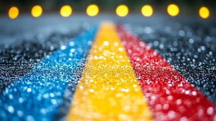 Wall Mural - Close up of road markings Blue yellow and red lines converge