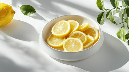 Wall Mural - Lemon slices in a white bowl, top and side view, fruit bundle isolated on a white background.