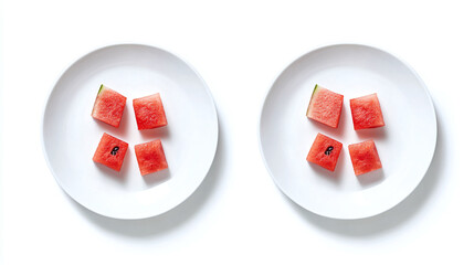 Wall Mural - Two white plates with watermelon pieces, front and top view, isolated on a white background.