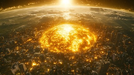 Wall Mural - A bright explosion engulfs a city seen from space. 