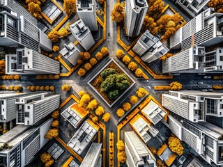 Wall Mural - Black and White Minimalist Drone Aerial Photography: Geometric Cityscape