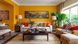 © RaksaLinggo - Beautifully decorated living room with bright yellow walls and furniture