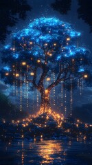 Glowing Digital Tree with Roots of Binary Code and Branches of Financial Data Streams AI in Finance Growth Concept
