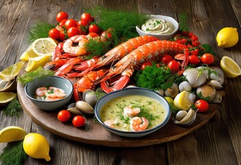 Wall Mural - vibrant seafood spread displayed artfully natural surface featuring fresh bright inviting presentation, appetizer, awkward, cooking, banquet, beach, bounty