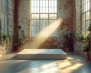 Wall Mural - minimalist podium in softly lit industrial loft space with exposed brick walls and natural light bea