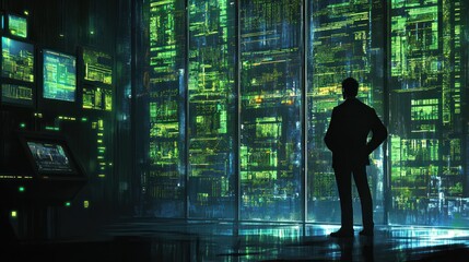 Data center specialist observing server status in a modern data center