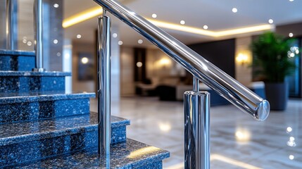 Poster - Modern polished stainless steel railing on dark blue granite staircase in a luxury hotel lobby