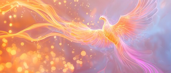 Wall Mural - A colorful bird with orange and pink feathers flying through a bright orange